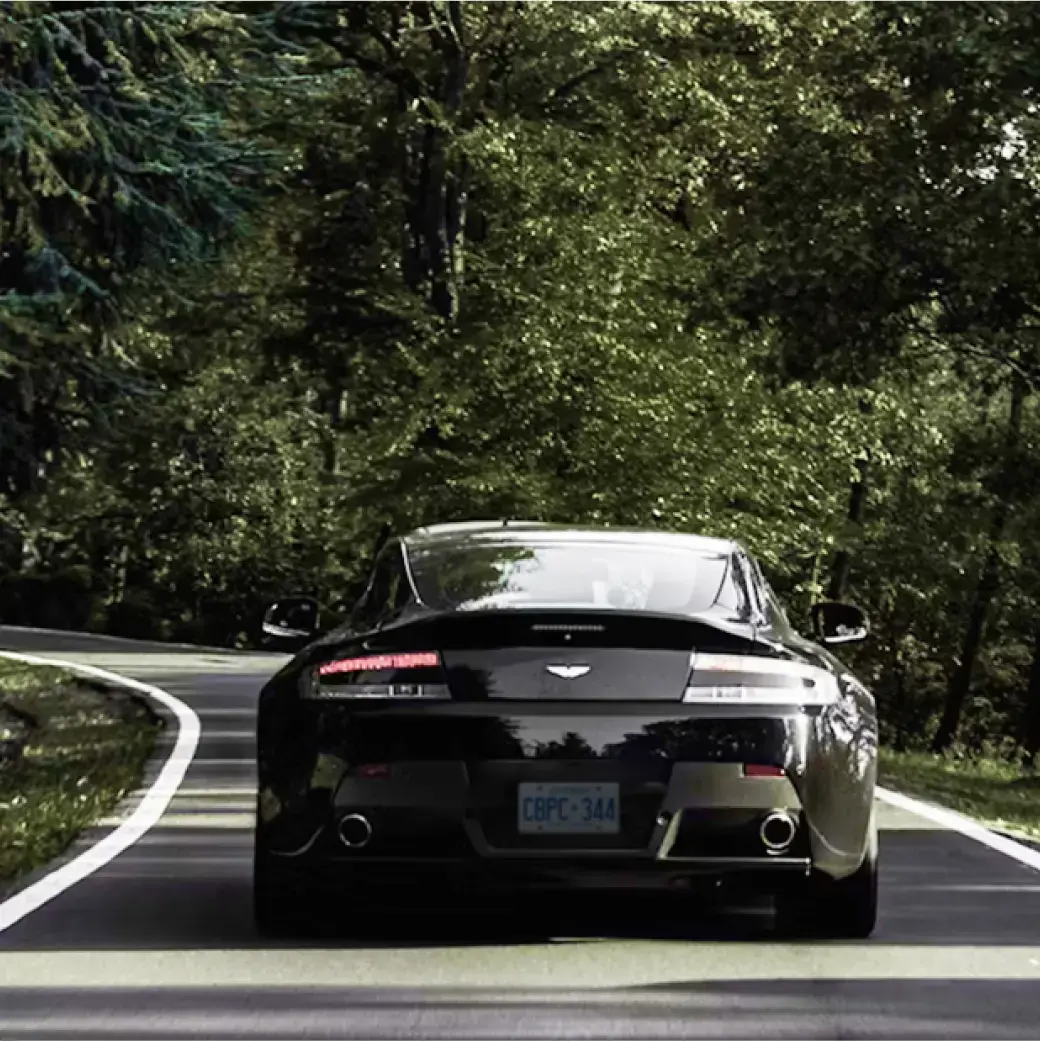 Sleek sports car driving along a winding forest road.