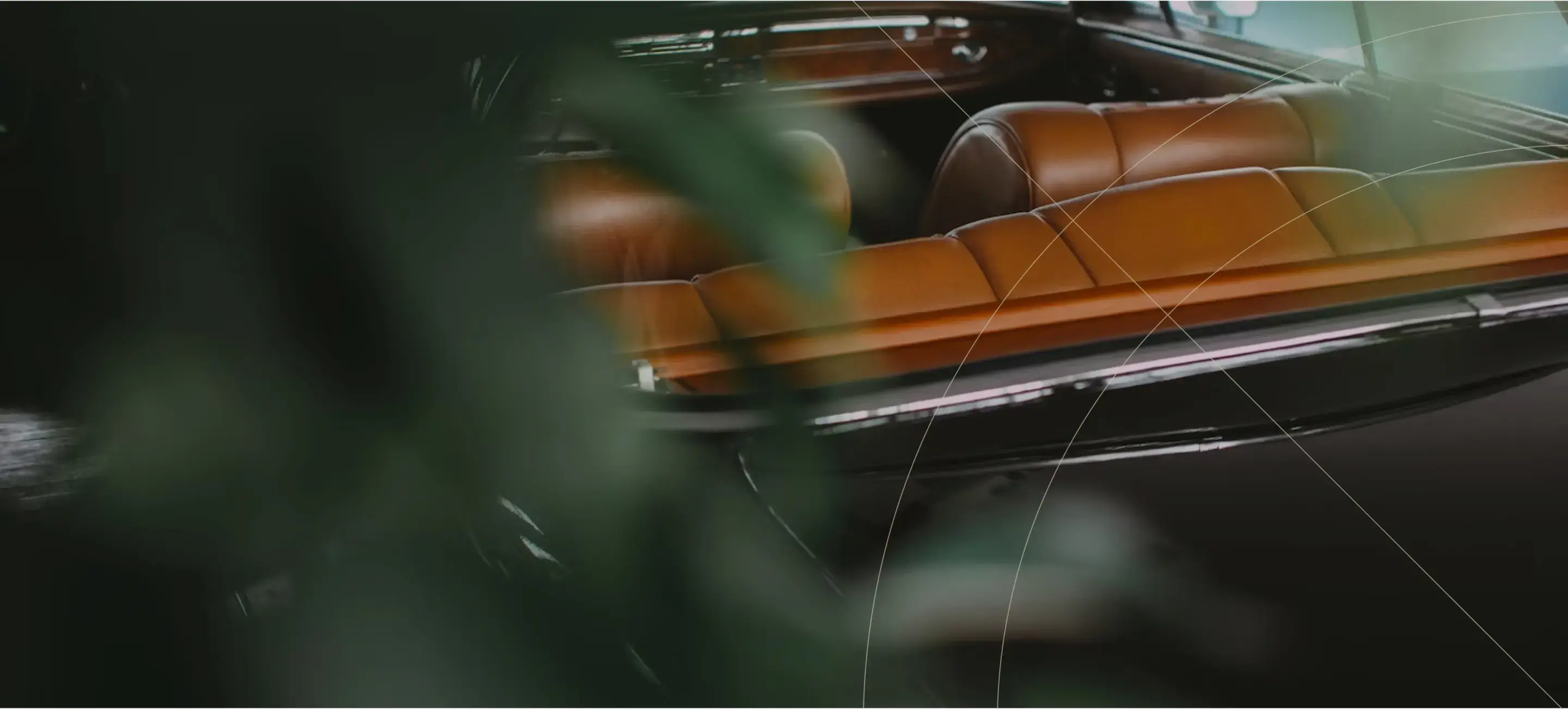 Close-up of a vintage orange car partially obscured by greenery.